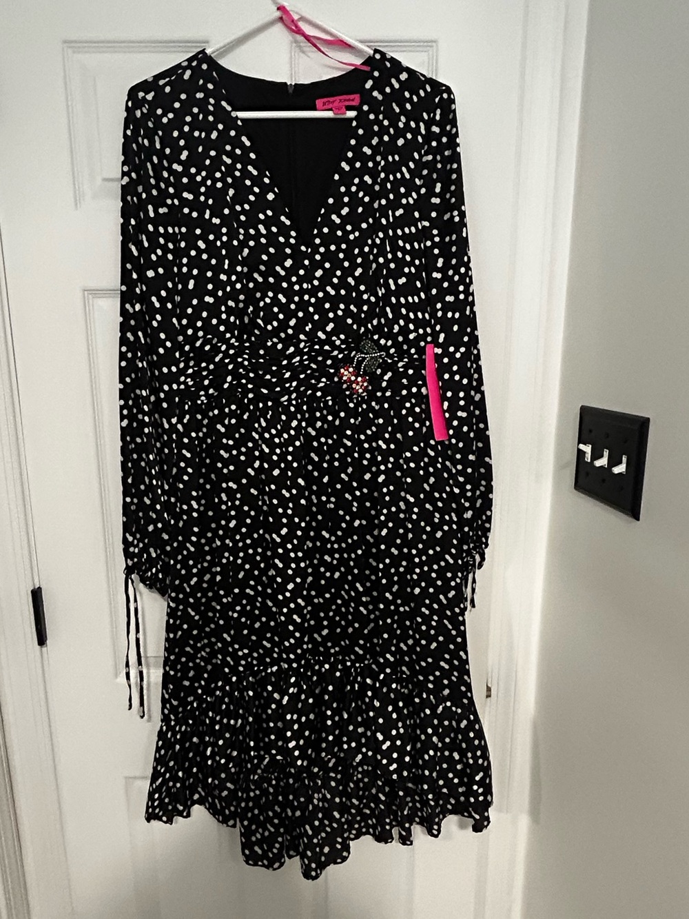 Betsey Johnson Black Polka Dot Dress with Cherry Rhinestone Detail, NWT, 12